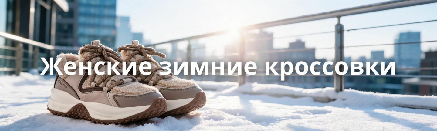 Пара зимних женских кроссовок с мехом на фоне солнечного заснеженного города - коллекция Vintop.