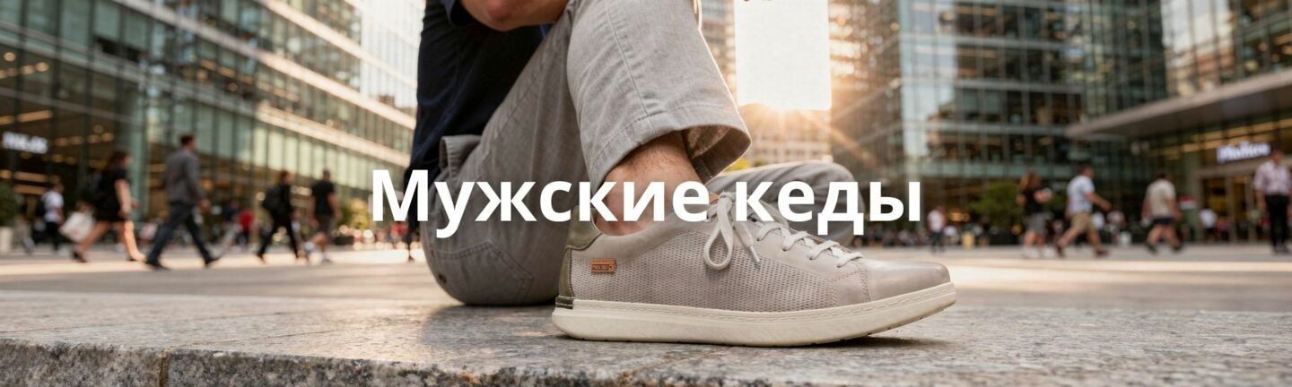 Мужские кожаные кеды серого цвета на ноге мужчины, отдыхающего на каменном парапете в центре современного города - оригинальная обувь в Vintop.