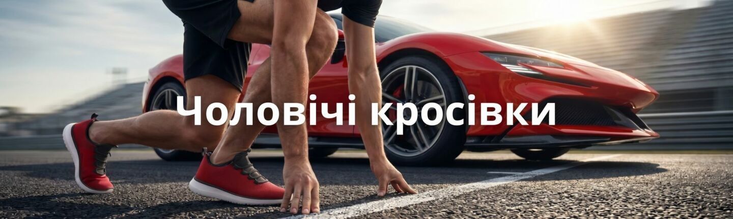 Чоловік у червоних кросівках на низькому старті поруч із червоним спорткаром - динамічне взуття для активного життя у Vintop.
