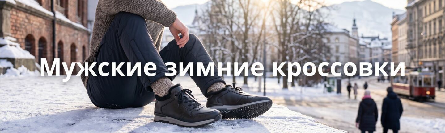 Мужские зимние кожаные кроссовки на меху на ногах мужчины на фоне солнечного заснеженного города - оригинальное качество в Vintop.