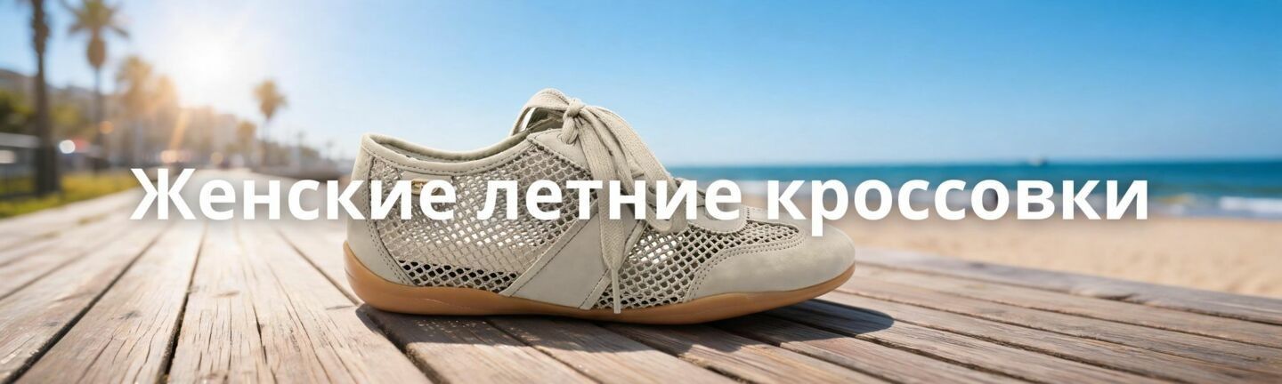 Женские летние кроссовки в сетку на деревянном пирсе на фоне моря и пальм - легкая дышащая обувь в магазине Vintop.
