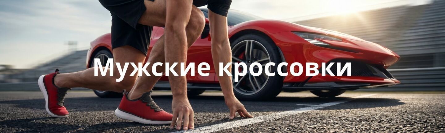 Мужчина в красных кроссовках на низком старте рядом с красным спорткаром - динамичная обувь для активной жизни в Vintop.